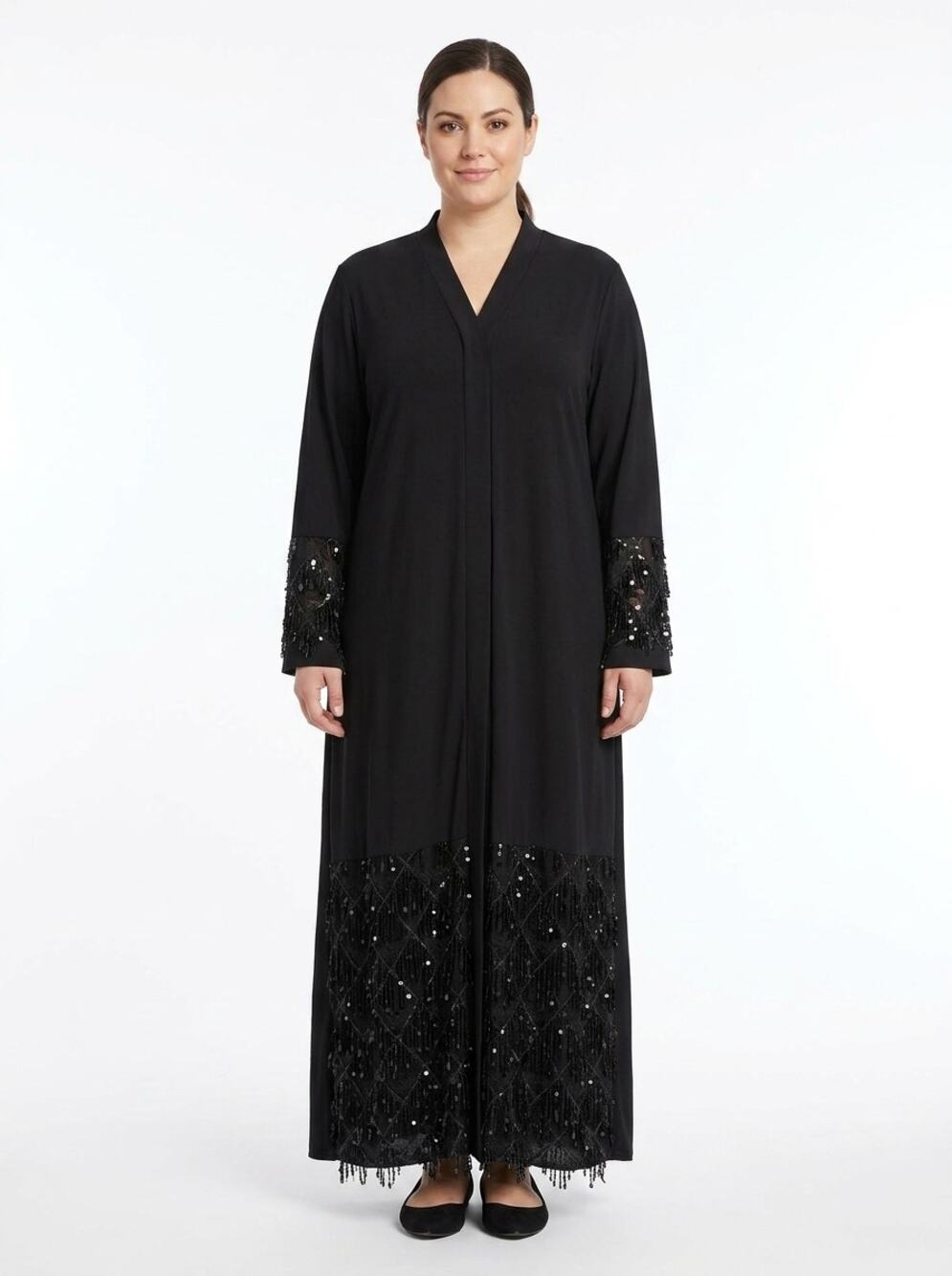 NWT Urban Modesty Black Maxi Jersey Lace Trim Sequin Dress Women Size XL